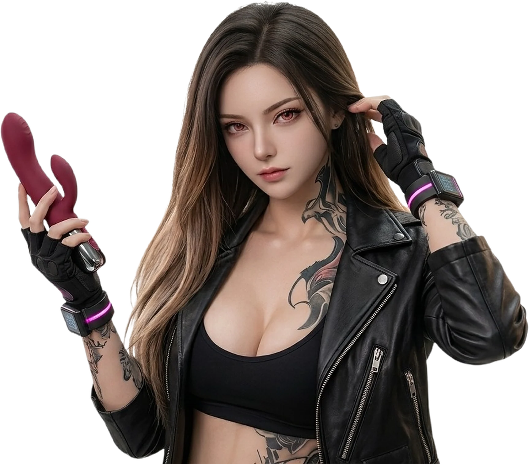 Modelo con chaqueta de cuero sosteniendo un vibrador